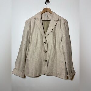 LL Bean Blazer Size 18 Beige Linen Womens Lined Jacket 3 Button Pockets
